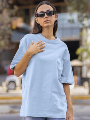 Classic Oversized Baby-blue Solid T-Shirt For Women