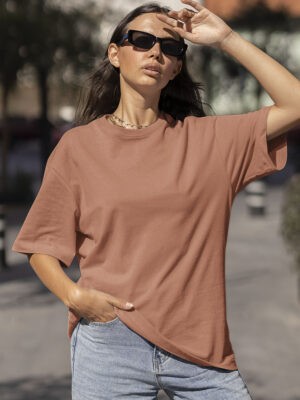 Classic Oversized Coral Solid T-Shirt For Women
