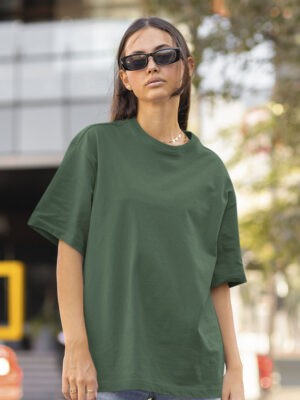 Classic Oversized Green Solid T-Shirt For Women