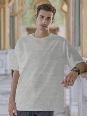 Classic Oversized Grey-Melange Solid T-Shirt For Men