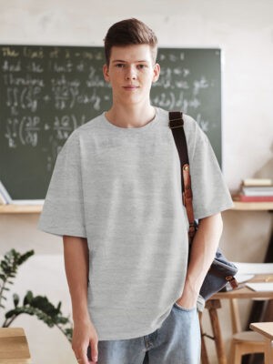 Standard Oversized Grey-Melange Solid T-Shirt For Men