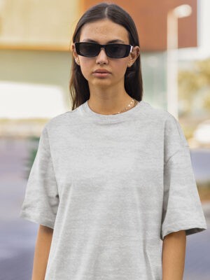 Standard Oversized Grey-Melange Solid T-Shirt For Women