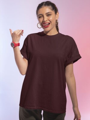 Classic Oversized Maroon Solid T-Shirt For Women