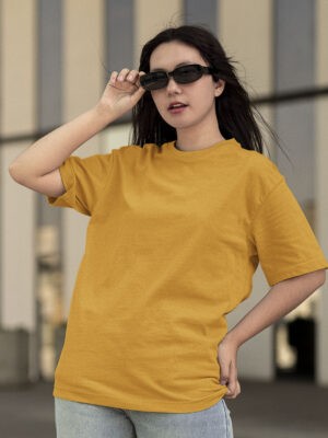Classic Oversized Mustard-Yellow Solid T-Shirt For Women