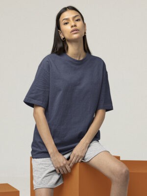 Classic Oversized Navy-blue Solid T-Shirt For Women