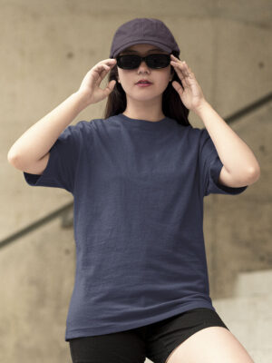 Standard Oversized Navy-Blue Solid T-Shirt For Women