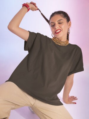 Classic Oversized Olive-Green Solid T-Shirt For Women