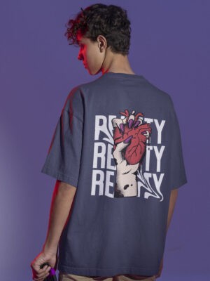 Reality Oversized Navy-Blue Printed T-Shirt For Men