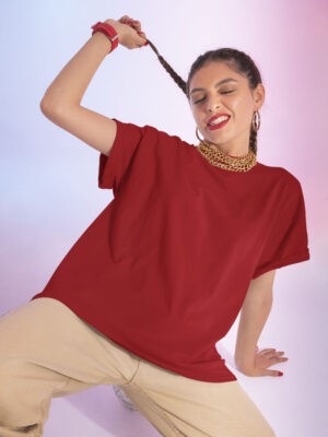 Classic Oversized Red Solid T-Shirt For Women