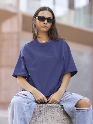 Classic Oversized Royal-blue Solid T-Shirt For Women
